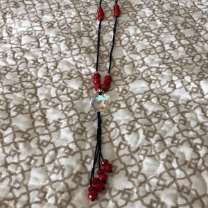 Red, black & crystal bead long tassel necklace